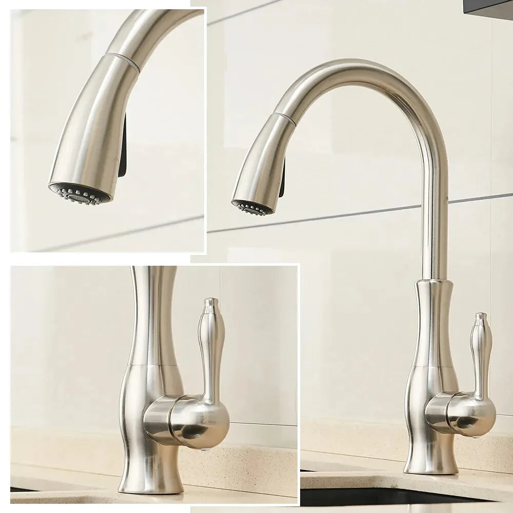 Robinet évier cuisine rétro arrondi flexible douchette - Argenté - Laiton