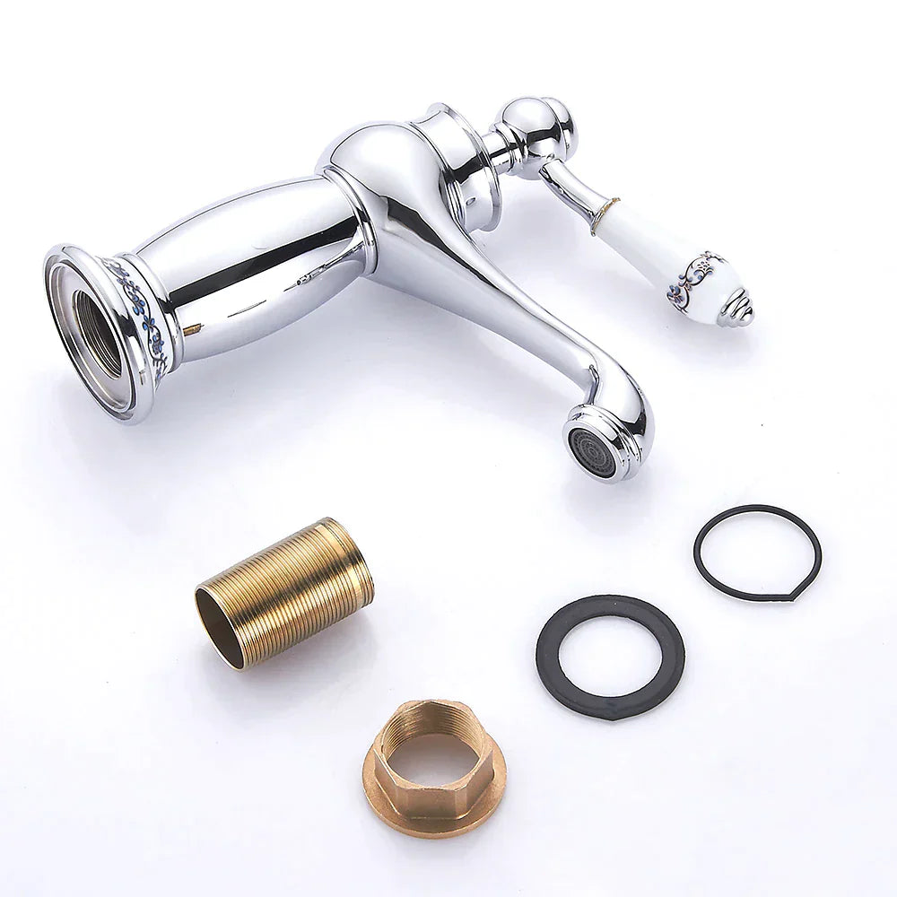 Robinet lavabo salle de bain rétro poignée céramique - Argenté - Laiton