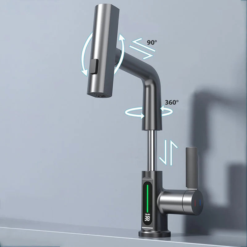 Robinet évier affichage température numérique flexible cascade - Argenté