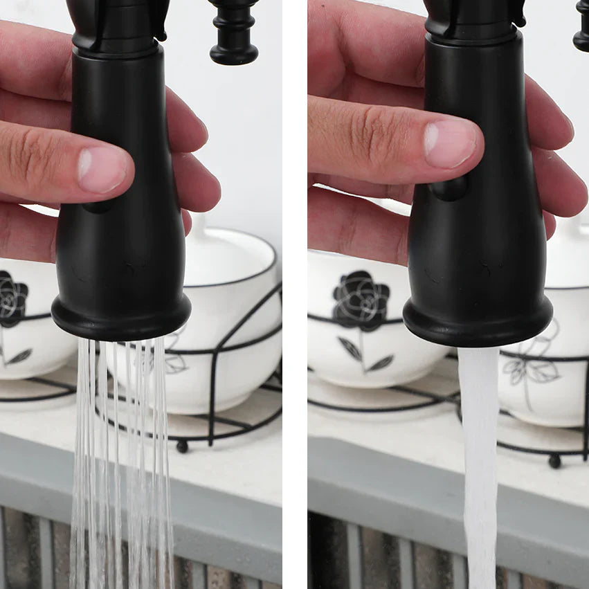 Robinet cuisine évier douchette rétro poignée céramique - Noir - Laiton