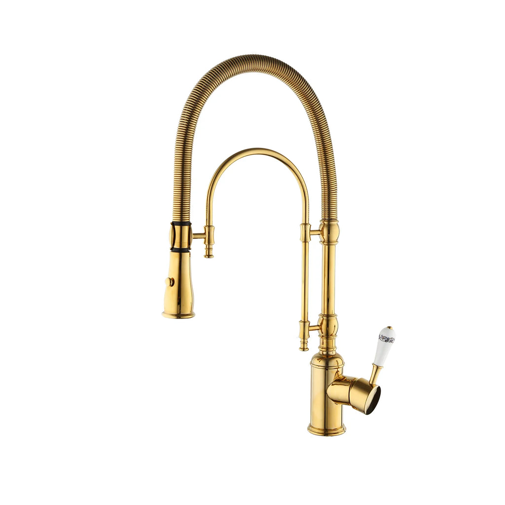 Robinet cuisine évier douchette rétro poignée céramique - Doré - Laiton