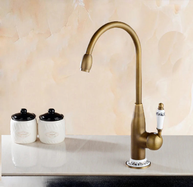 Robinet cuisine évier antique avec céramique fleur vintage - Doré