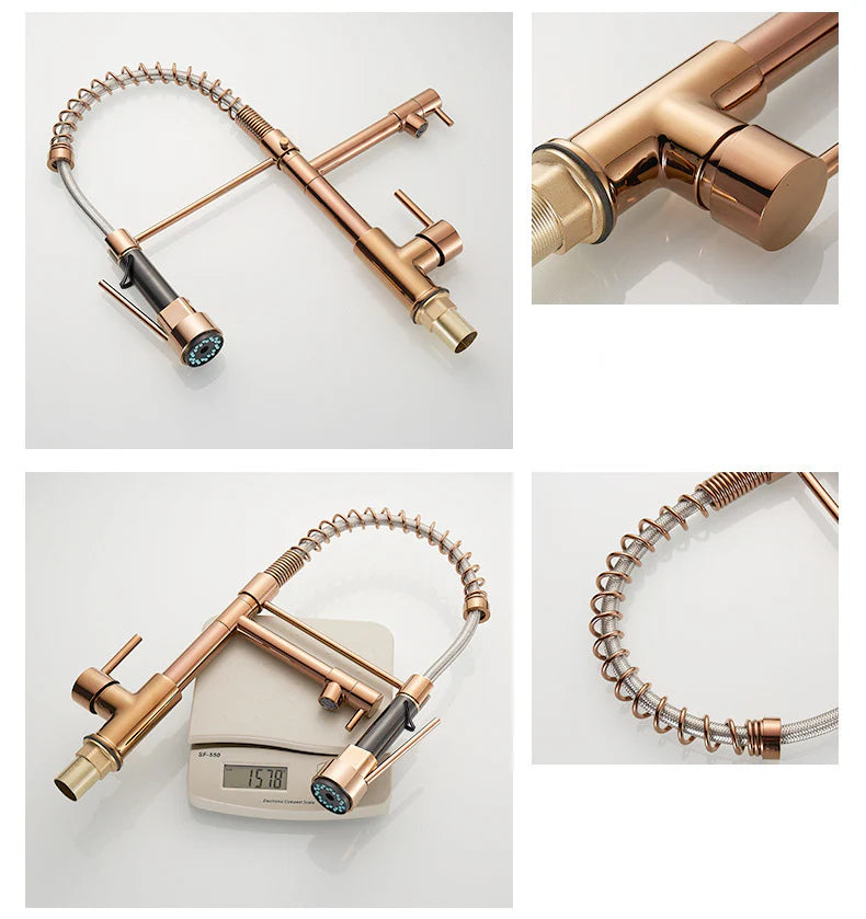 Robinet double cuisine évier douchette mitigeur bicolore - Doré / Argenté - Laiton