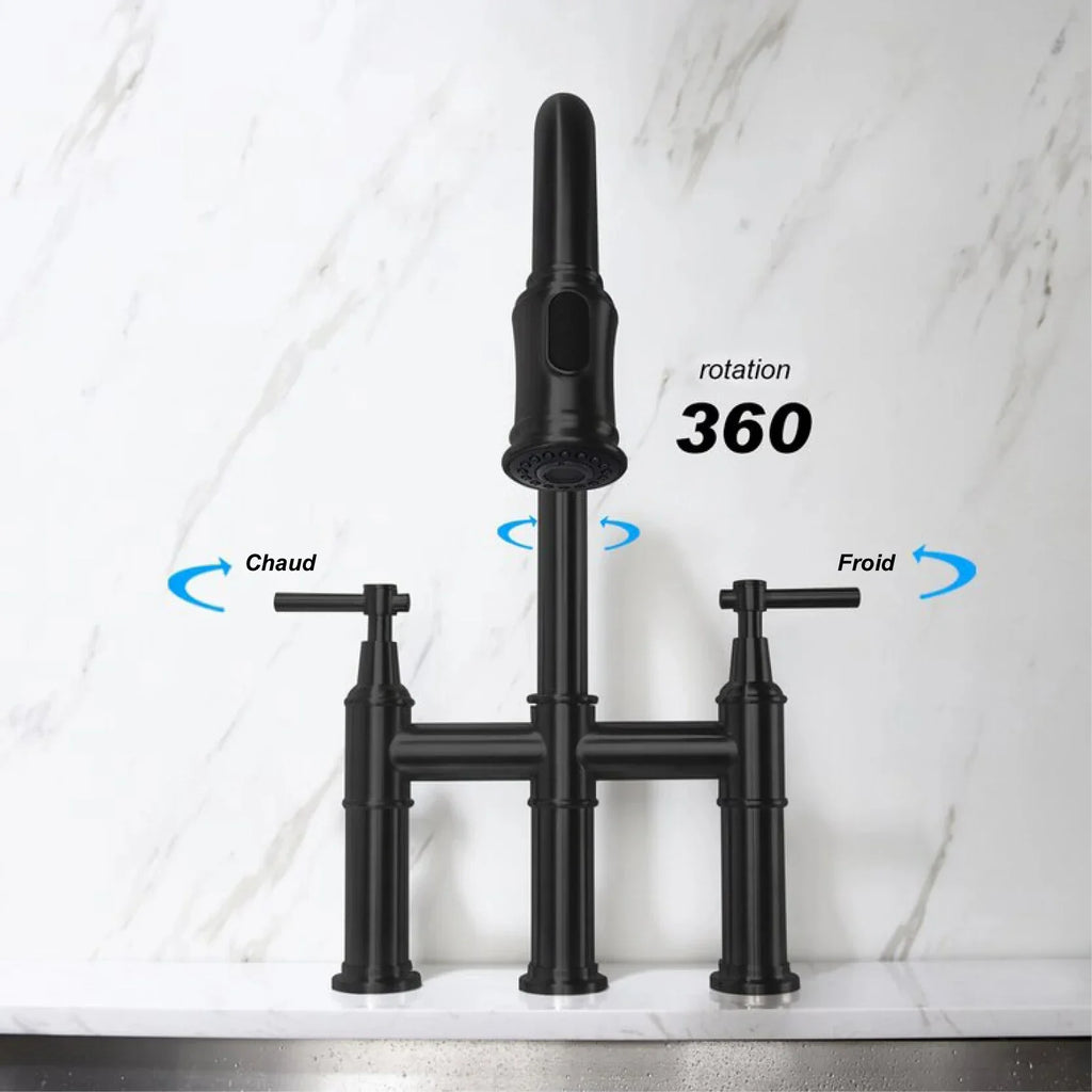 Robinet évier cuisine rétro flexible douchette - Noir - Laiton