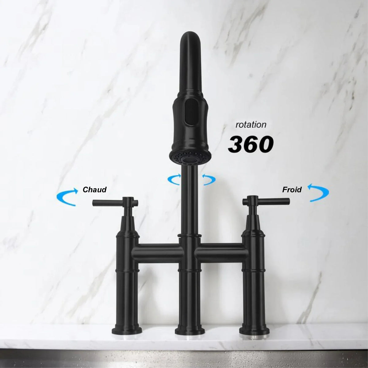 Robinet évier cuisine rétro flexible douchette - Noir - Laiton