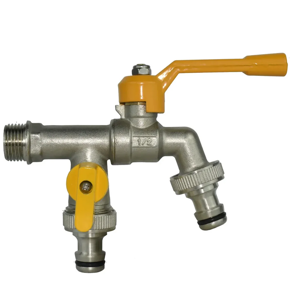 Robinet extérieur de jardin 2 sorties vanne jaune - Argenté - Laiton