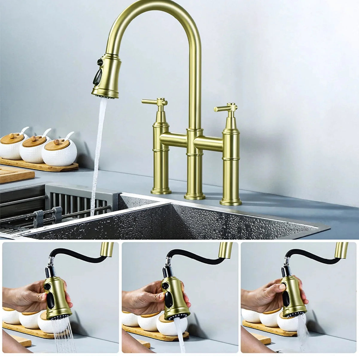 Robinet évier cuisine rétro flexible douchette - Doré - Laiton