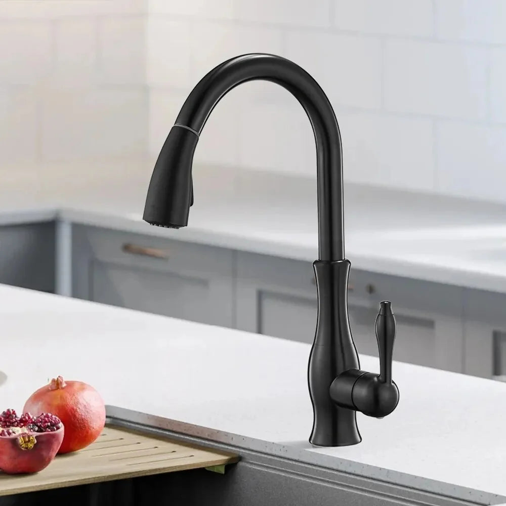 Robinet évier cuisine rétro arrondi flexible douchette - Noir - Laiton