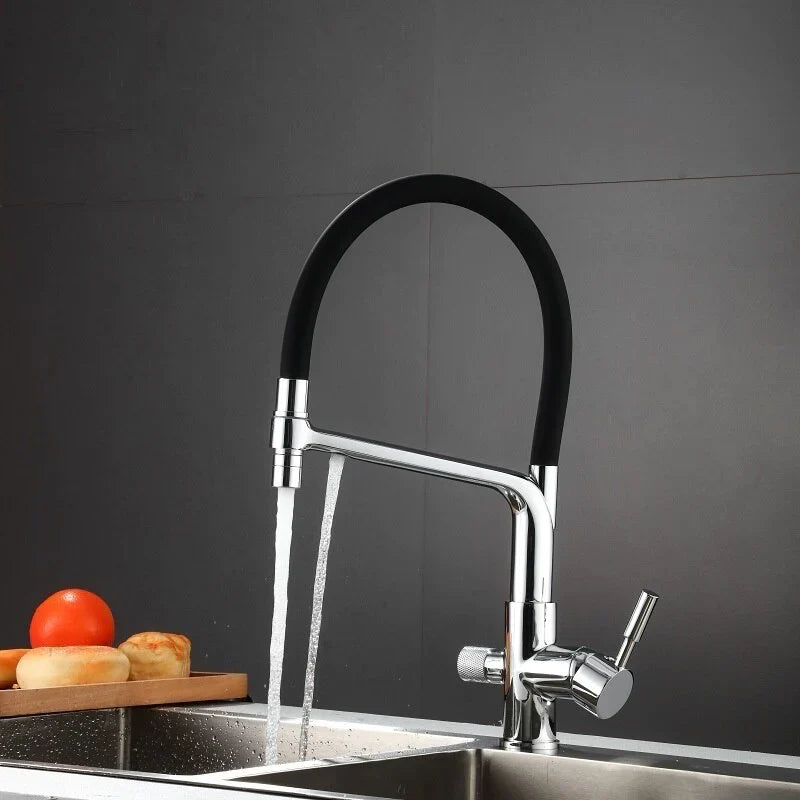 Robinet cuisine évier flexible double robinet purificateur d'eau - Argenté - Laiton