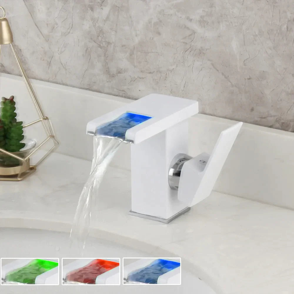 Robinet lavabo salle de bain design cascade led température - Blanc