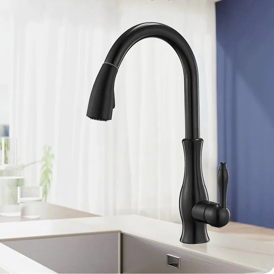 Robinet évier cuisine rétro arrondi flexible douchette - Noir - Laiton