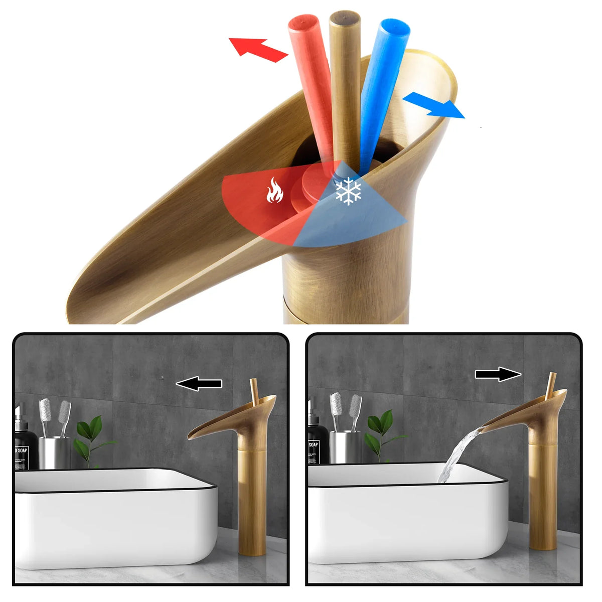 Robinet salle de bain lavabo bambou cascade - Doré - Laiton