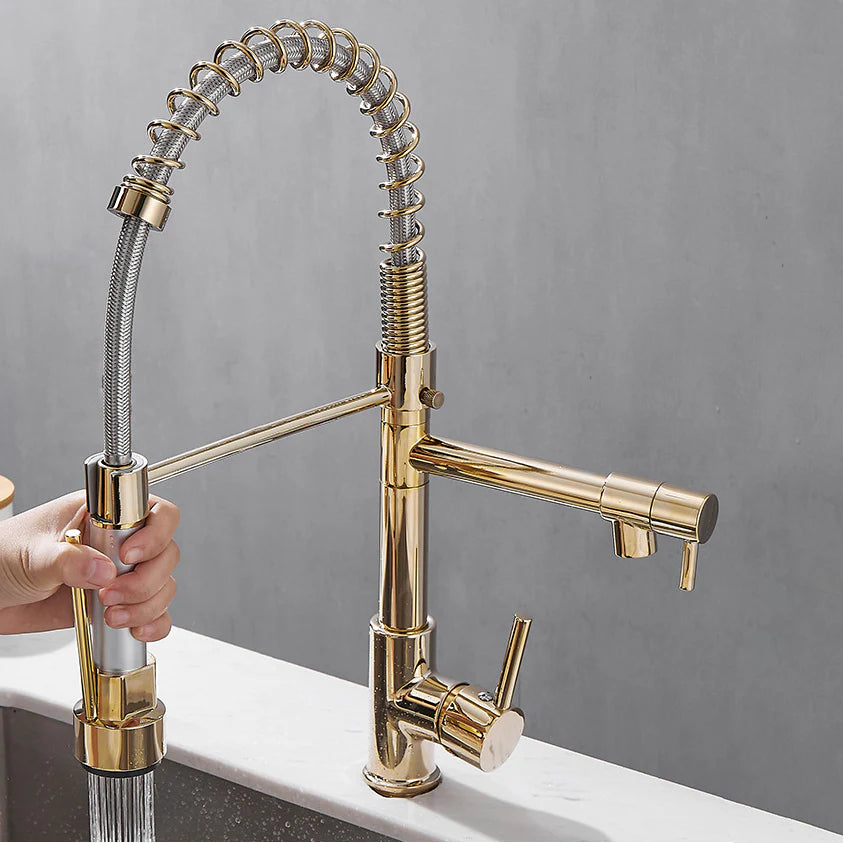 Robinet double cuisine évier douchette mitigeur bicolore - Doré / Argenté - Laiton