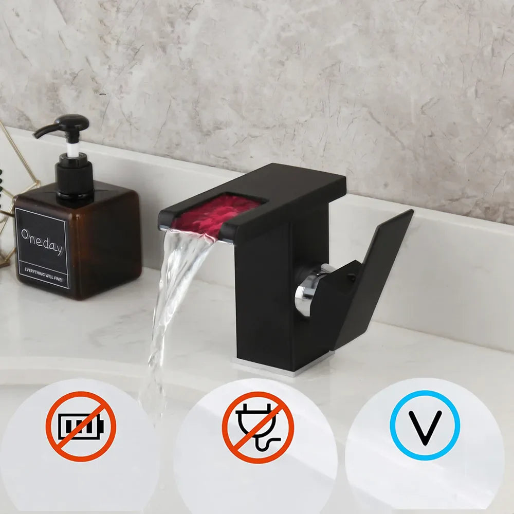 Robinet lavabo salle de bain design cascade led température - Noir