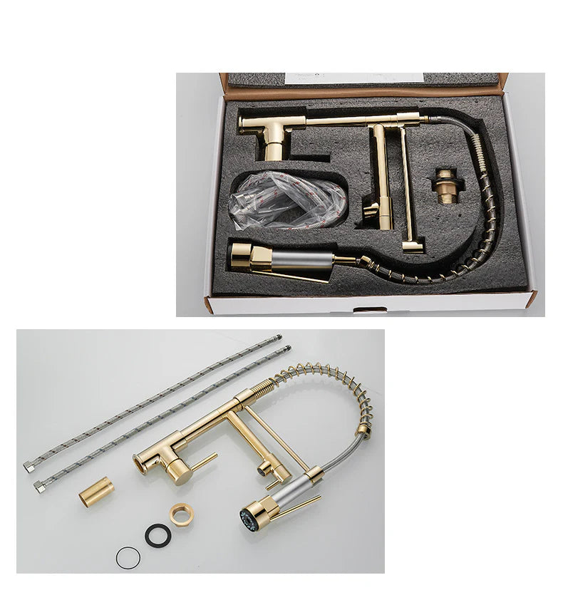 Robinet double cuisine évier douchette mitigeur bicolore - Doré / Argenté - Laiton