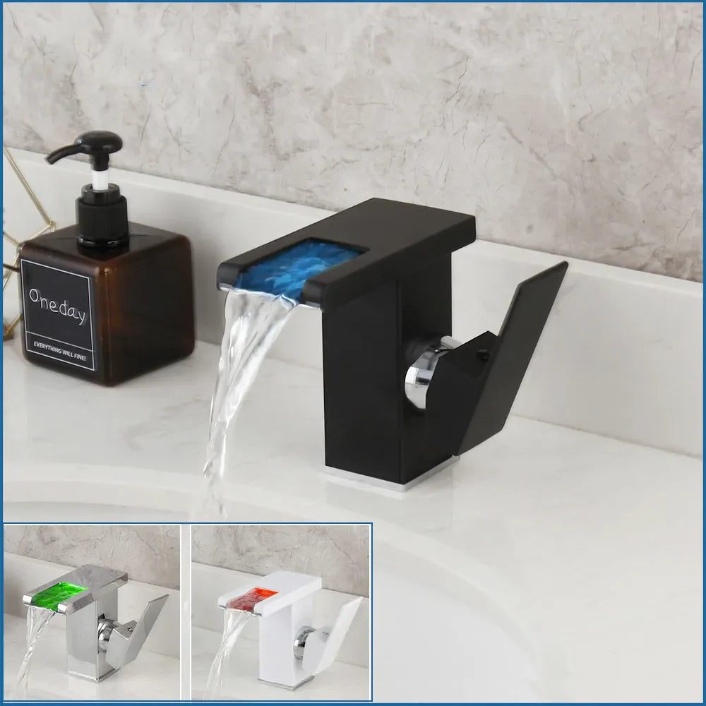 Robinet lavabo salle de bain design cascade led température - Noir