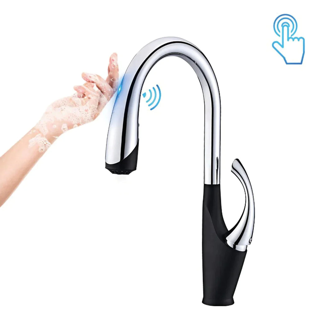 Robinet évier cuisine tactile automatique design flexible douchette - Noir / Argenté - Laiton