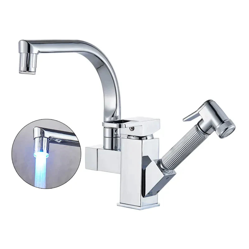 Robinet évier cuisine design mitigeur led flexible douchette pistolet - Argenté - Laiton