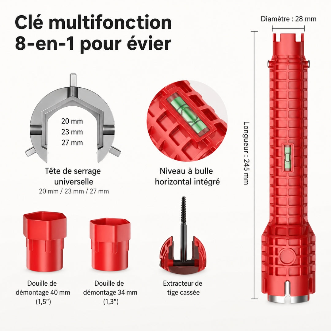 Clé Multifonction 8 en 1, Installation Robinet & Évier
