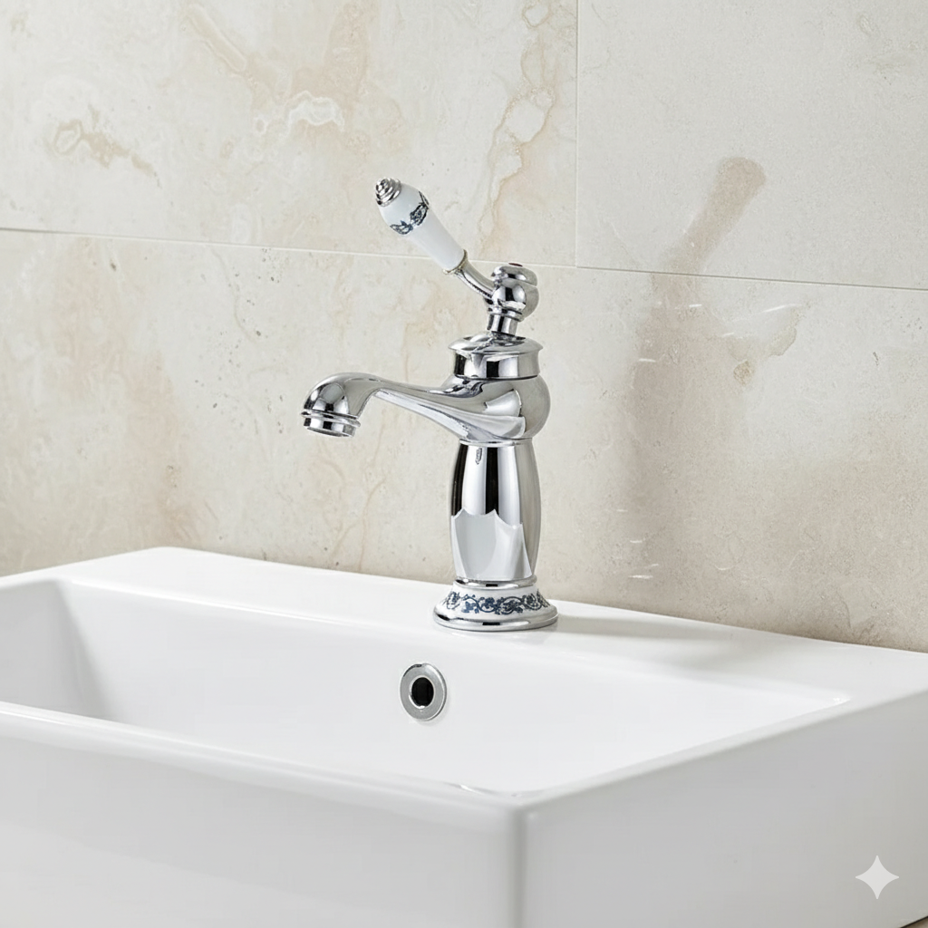 Robinet lavabo salle de bain rétro poignée céramique - Argenté - Laiton