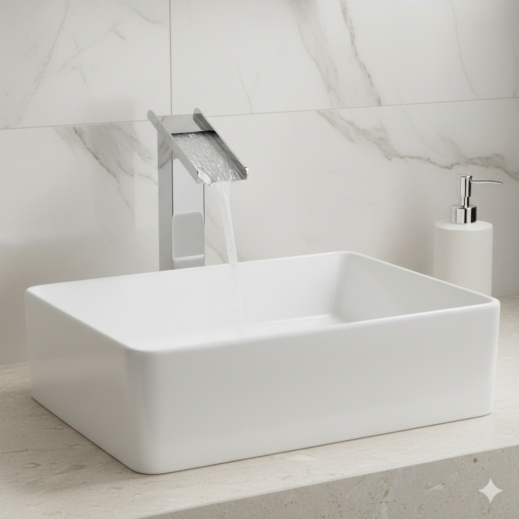 Robinet lavabo salle de bain design rectangulaire cascade - Argenté - Laiton