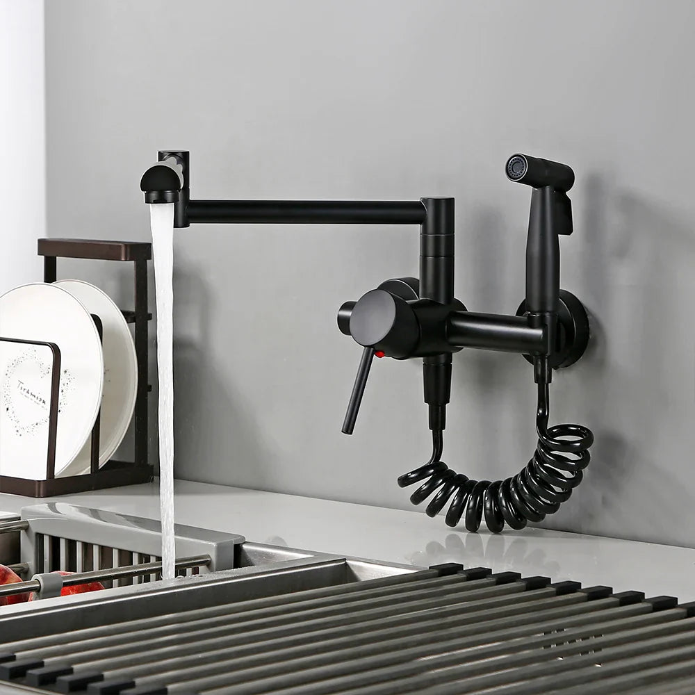 Robinet évier de cuisine rétractable mural avec douchette - Noir - Laiton