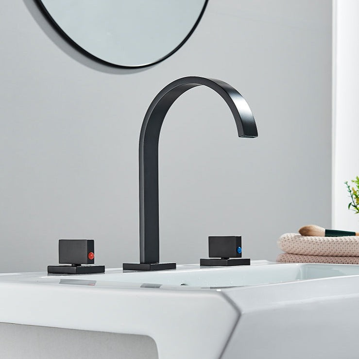 Robinet salle de bain lavabo minimaliste poignées déportées - Noir mat - Laiton