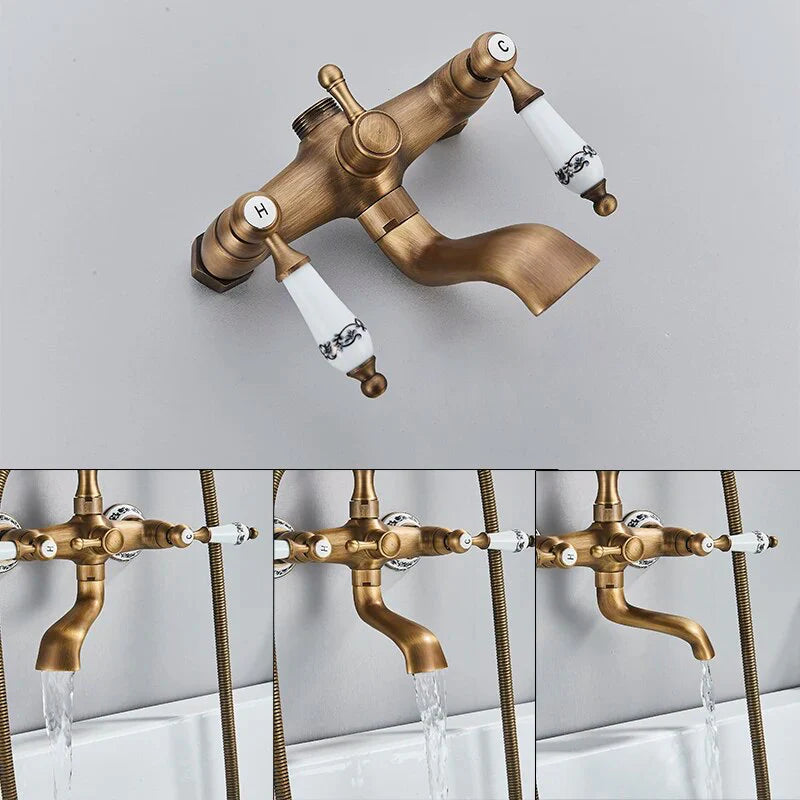 Robinet baignoire salle de bain rétro céramique douchette - Doré - Laiton