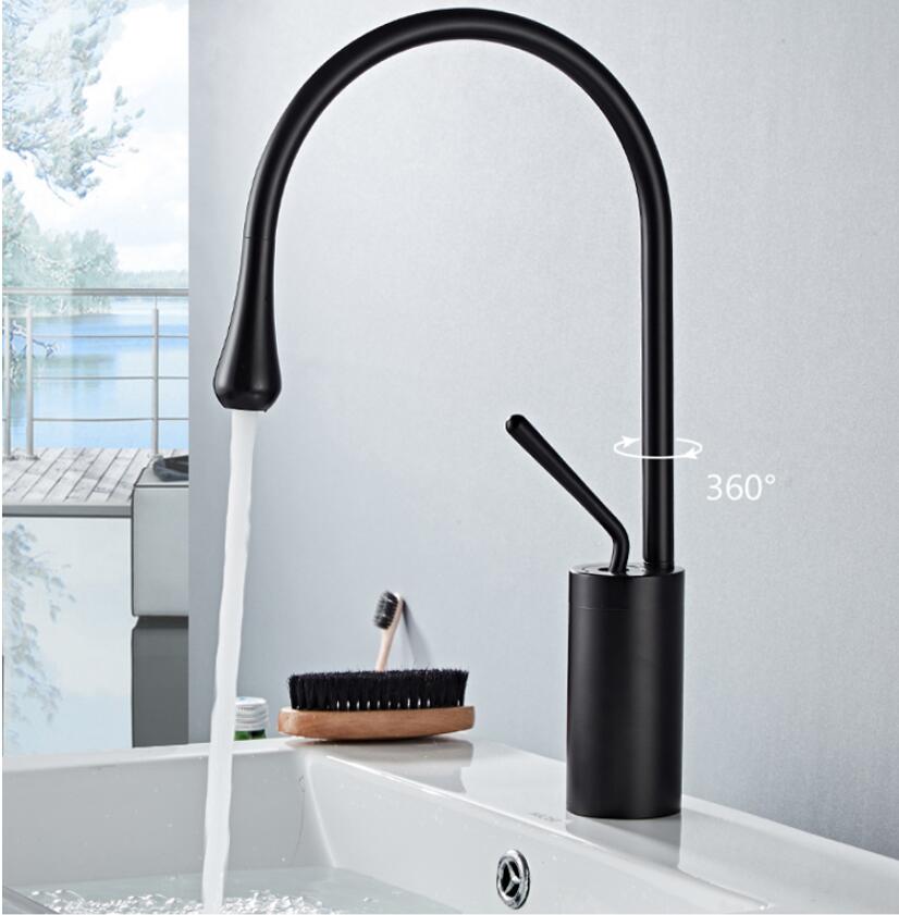 Robinet salle de bain lavabo design arrondi goutte - Noir - Laiton