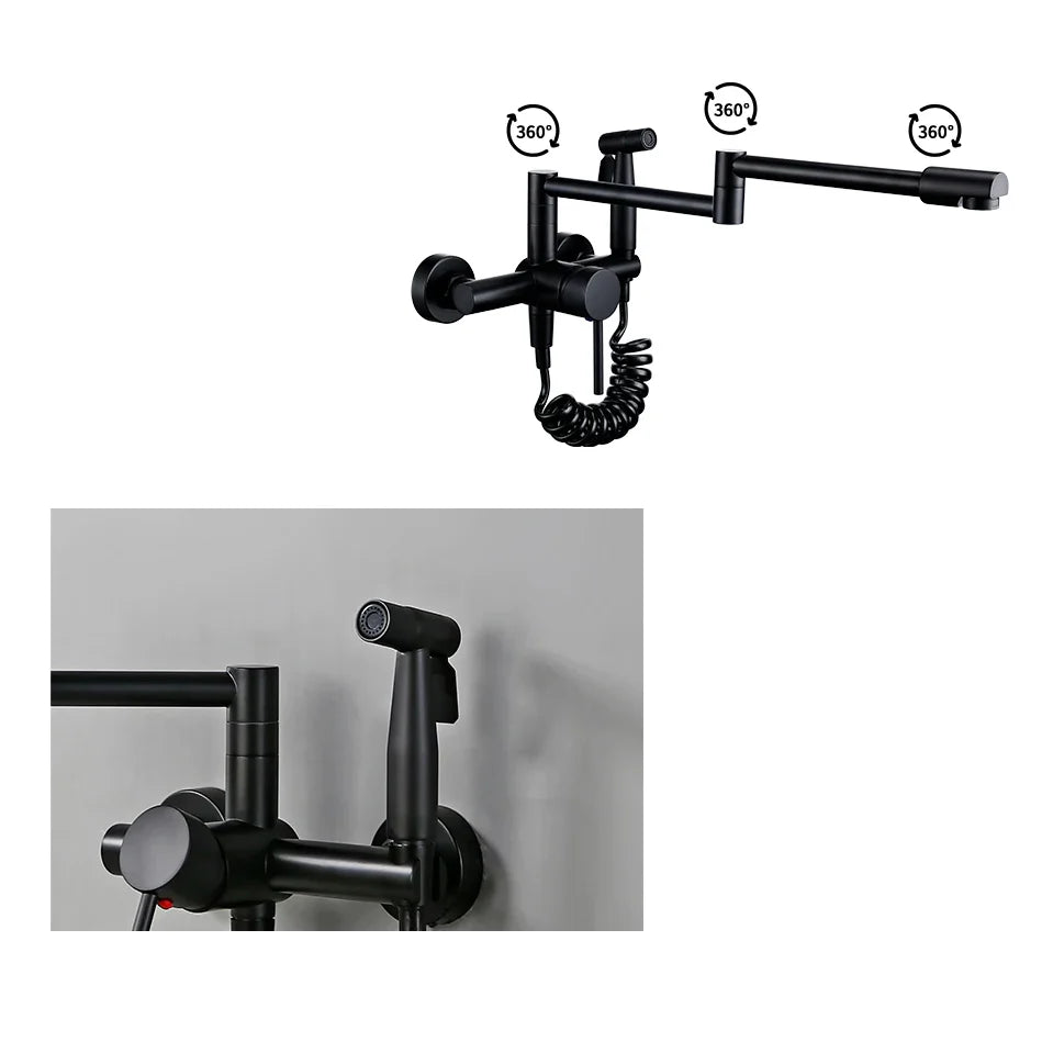 Robinet évier de cuisine rétractable mural avec douchette - Noir - Laiton