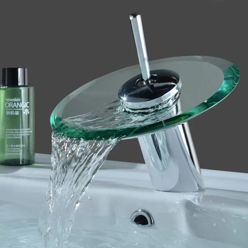 Robinet salle de bain bec rond verre - Argenté - Laiton