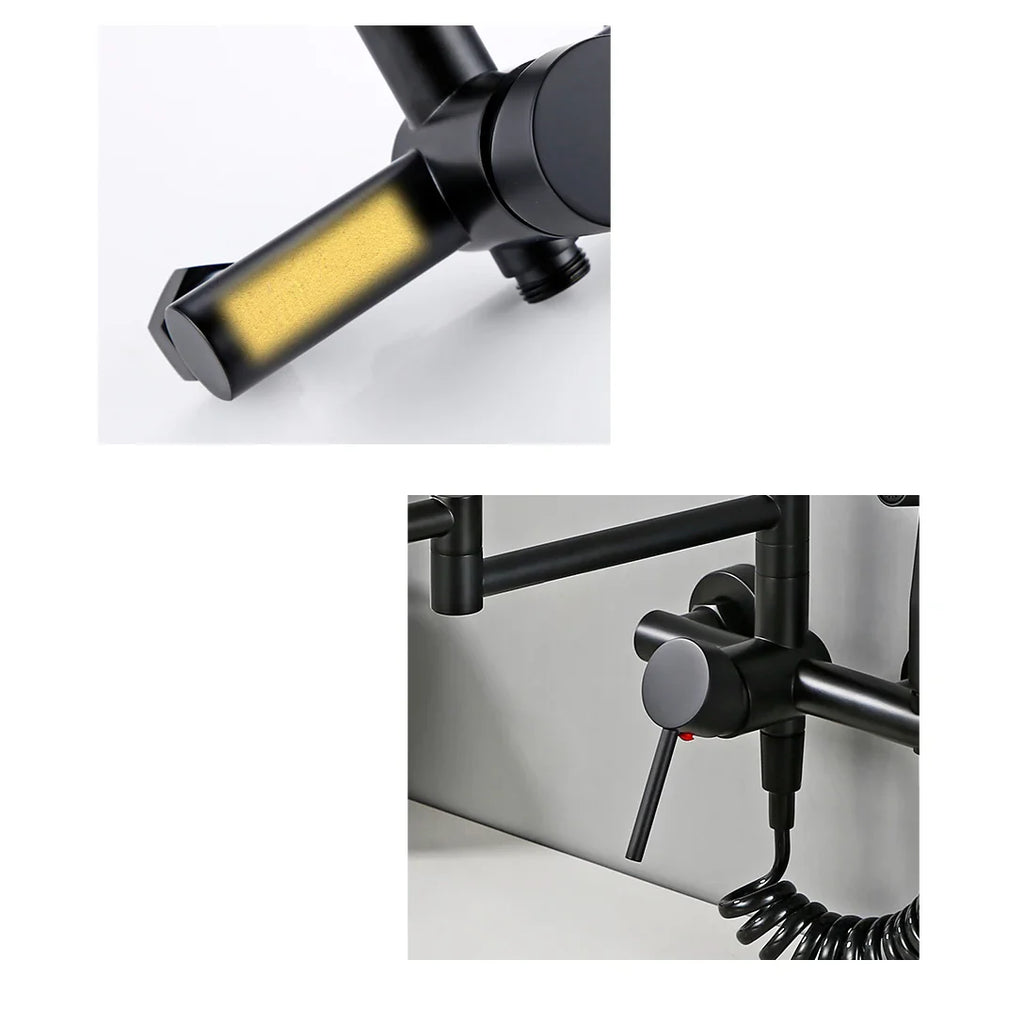 Robinet évier de cuisine rétractable mural avec douchette - Noir - Laiton