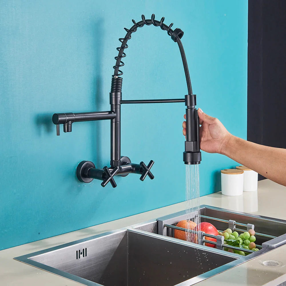 Robinet encastrable mural douchette cuisine évier - Noir - Laiton