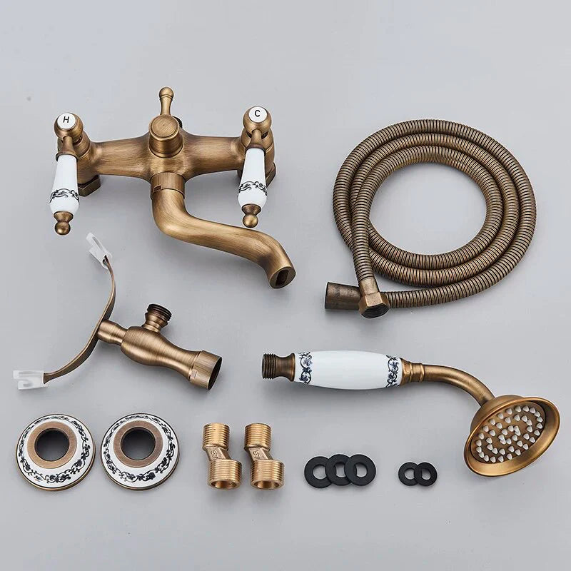 Robinet baignoire salle de bain rétro céramique douchette - Doré - Laiton