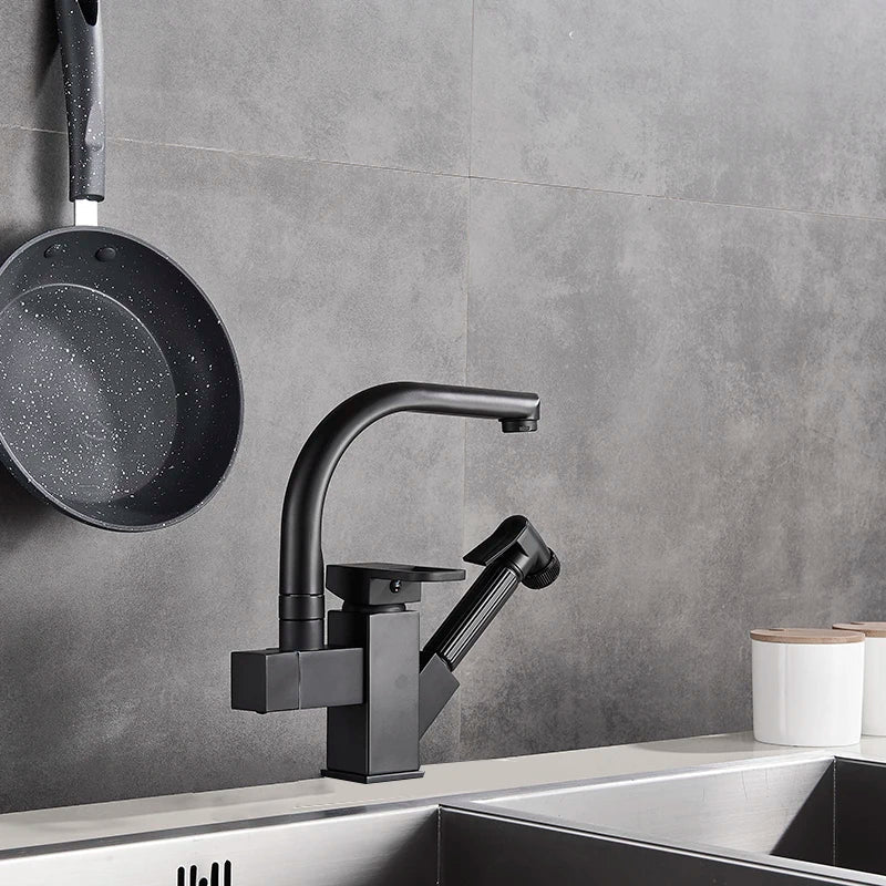 Robinet évier cuisine design mitigeur flexible douchette pistolet - Noir - Laiton