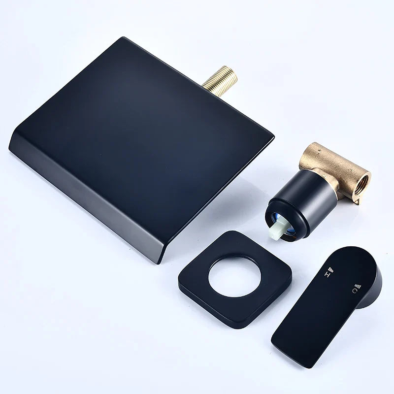 Robinet lavabo salle de bain mural encastrable cascade - Noir - Laiton