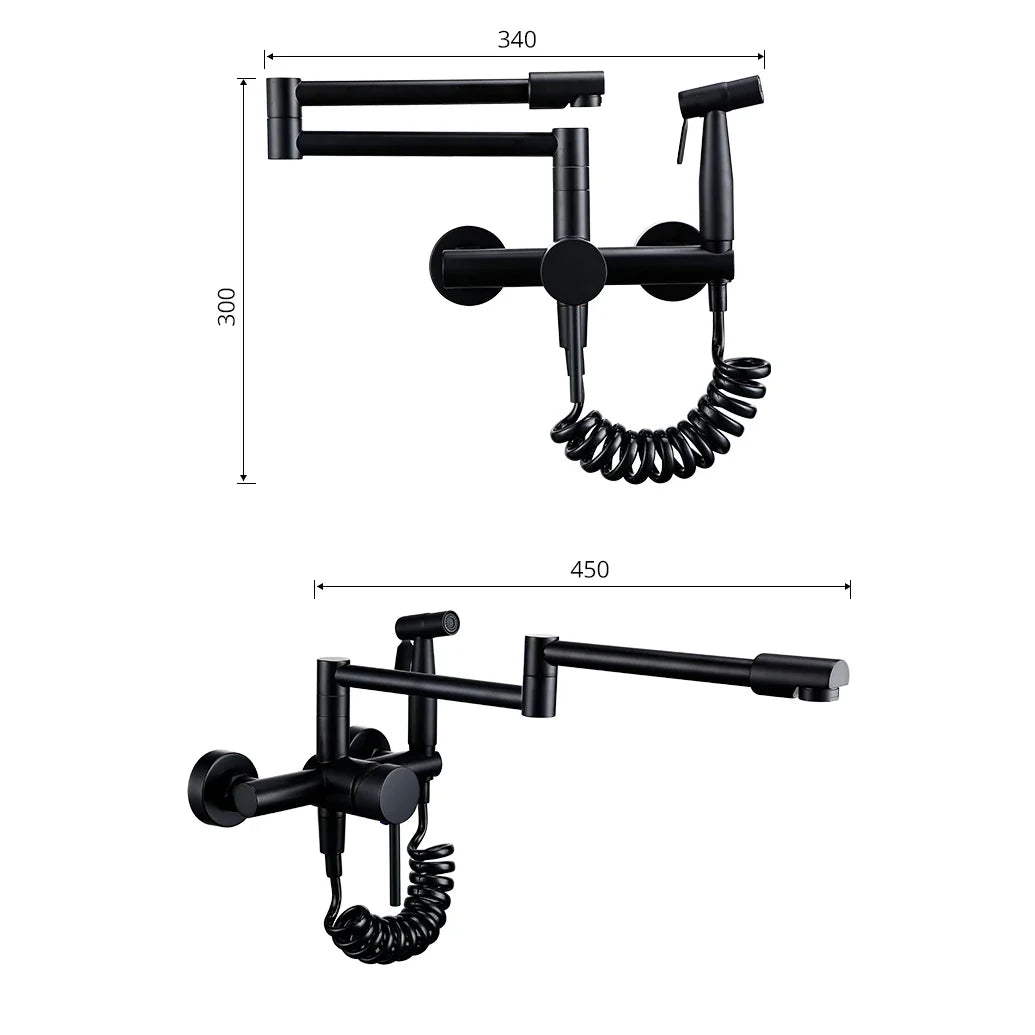 Robinet évier de cuisine rétractable mural avec douchette - Noir - Laiton