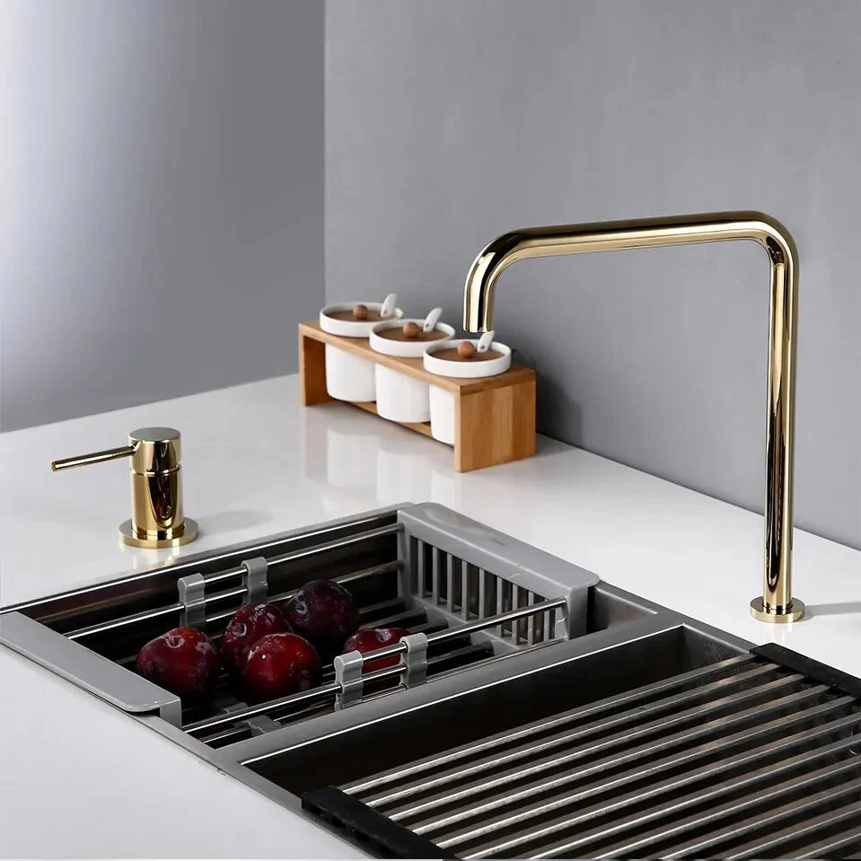 Robinet évier cuisine minimaliste mitigeur déporté à poignée - Doré - Laiton