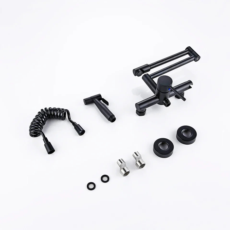 Robinet évier de cuisine rétractable mural avec douchette - Noir - Laiton