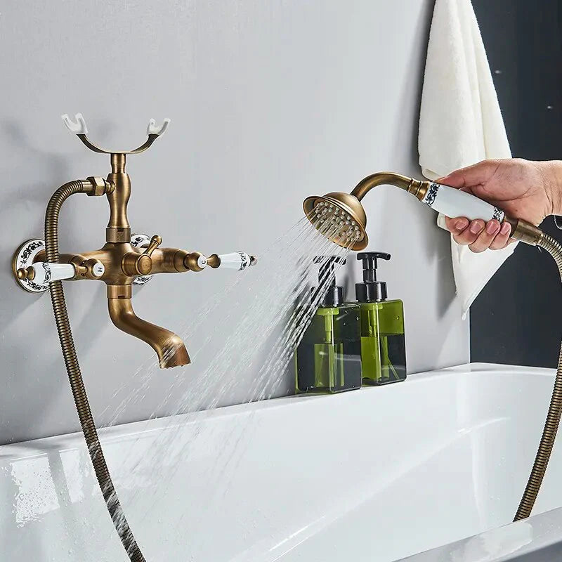 Robinet baignoire salle de bain rétro céramique douchette - Doré - Laiton