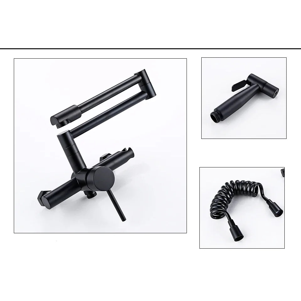 Robinet évier de cuisine rétractable mural avec douchette - Noir - Laiton