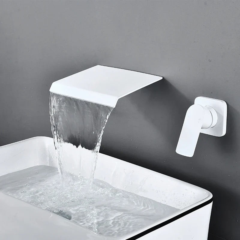 Robinet lavabo salle de bain mural encastrable cascade - Blanc - Laiton