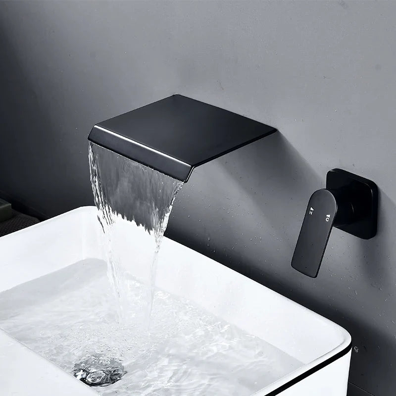 Robinet lavabo salle de bain mural encastrable cascade - Noir - Laiton