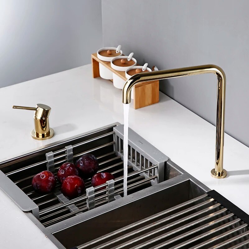 Robinet évier cuisine minimaliste mitigeur déporté à poignée - Doré - Laiton