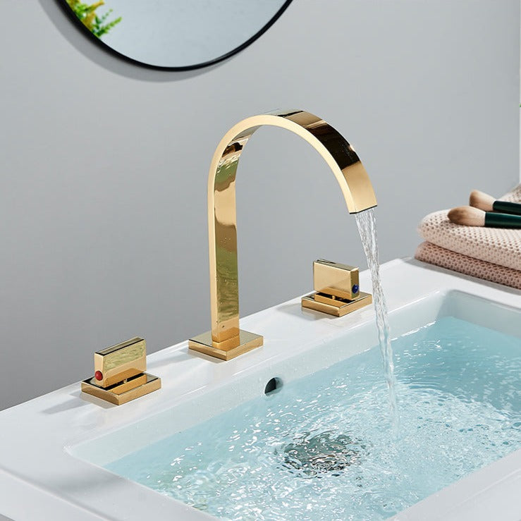 Robinet salle de bain lavabo minimaliste poignées déportées - Doré - Laiton