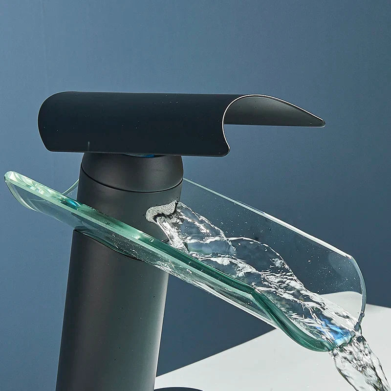Robinet lavabo salle de bain verre cascade - Noir - Laiton