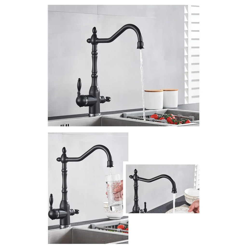 Robinet évier cuisine rétro mitigeur purificateur d'eau - Noir - Laiton
