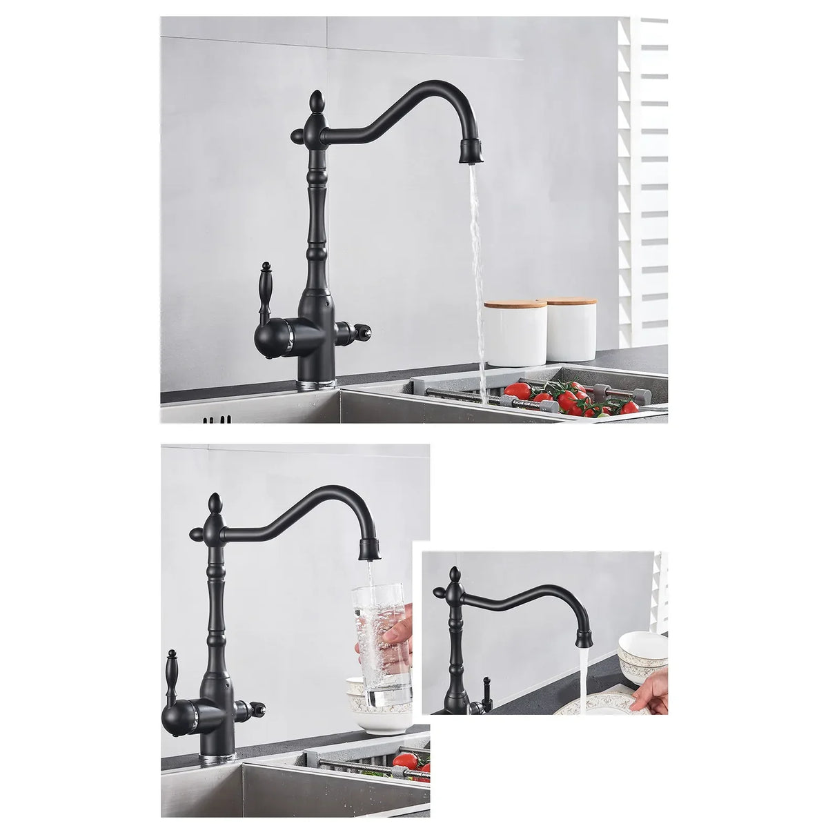 Robinet évier cuisine rétro mitigeur purificateur d'eau - Noir - Laiton