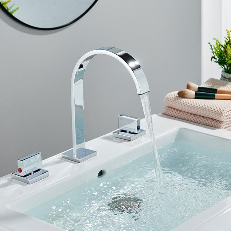 Robinet salle de bain lavabo minimaliste poignées déportées - Argenté - Laiton