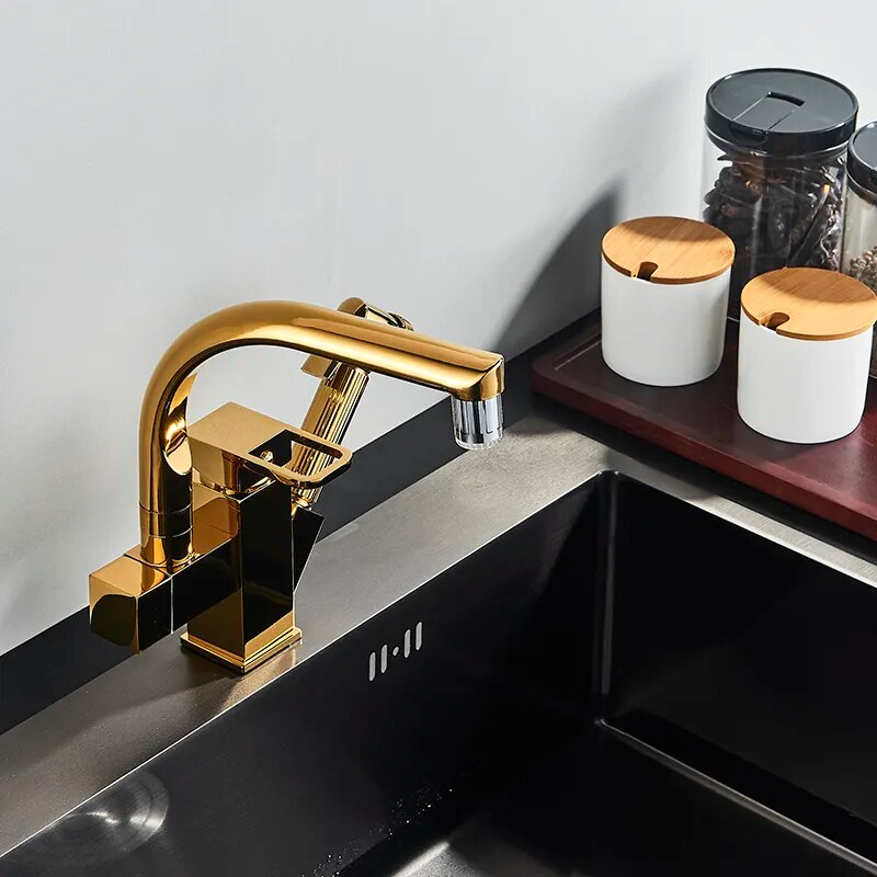 Robinet évier cuisine design mitigeur led flexible douchette pistolet - Doré - Laiton